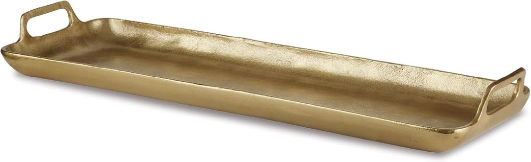 Signature Design by Ashley Posy Contemporary Decorative Metal Serving Tray with Handles, Display Only, Not Food Safe, Cast Aluminum, 24" Length, Gold Finish