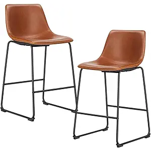 DUMOS 26 Inch Counter Height Bar Stools Set of 2, Modern Faux Leather High Barstools with Back and Metal Leg, Bar Chairs for Kitchen Island, Elegant Brown