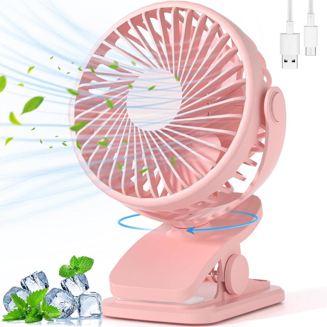 Portable Clip on Fan, 360 Rotate Battery Operated Stroller Fan, 3 Speed Quiet Mini Personal Desk Fan, USB Rechargeable Clooing Fan for Outdoor Camping Golf Cart Stroller Home Office Pink
