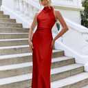 Memoriesea Women's High Cowl Neck Bodycon Sleeveless Wedding Guest Party Maxi Dress (Red, XL)