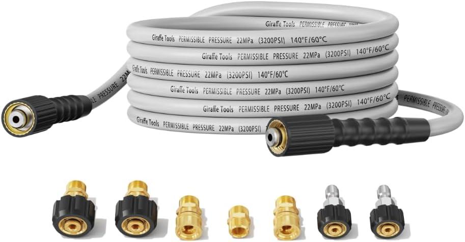 Giraffe Tools Pressure Washer Hose 25FT X 1/4", 3200 PSI Pressure Washing Hose, Kink Resistant, Heavy Duty Power Washer Hose, M22 to 3/8" Quick Connect Couplers for Replacement, 7 Accessories