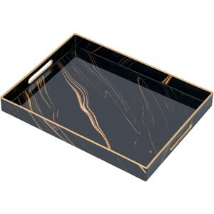 Serving Tray, Modern Plastic Food Trays for Eating on Lap Decor Coffee Tray with Handles Rectangular Non-Slip Candle Plate, 15.7"x11.8"x1.6" Large Drinks Platter for Kitchen/Living Room/Bedroom (Black)