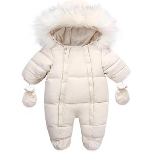 Baby Girl Boy Snowsuit Cute Down Jacket Hooded Romper Light Puffer Padded Jumpsuit Infant Winter Outwear (6-12 Months, Beige)