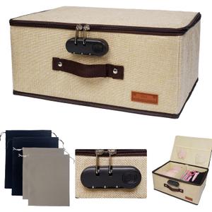 IZEO Lockable Adult Toy Storage Organizer Lock Box Toy bags container case with 4 Drawstring Bags, Large capacity 14 x 10 x 6.3 Inches Lockable Box Travel Home Container (Beige)