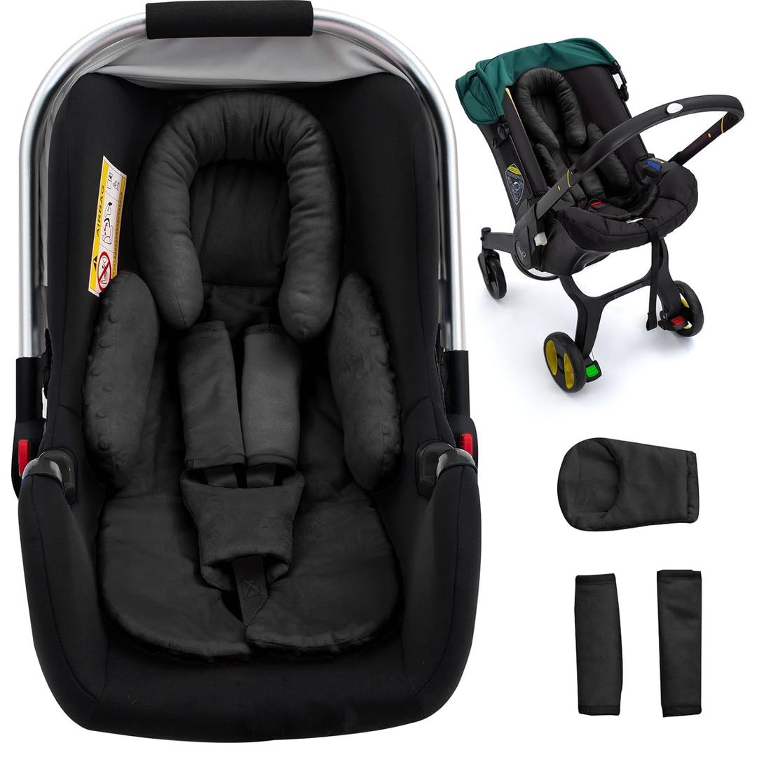 Newborn Car Seat Head Support with 3 Strap Covers, 2-in-1 Reversible Infant Car Seat Insert, Thickened Car Seat Cushion for Baby, Carseat Head Support for Preemie to Infant, Stroller Cushion for Swing (Black)