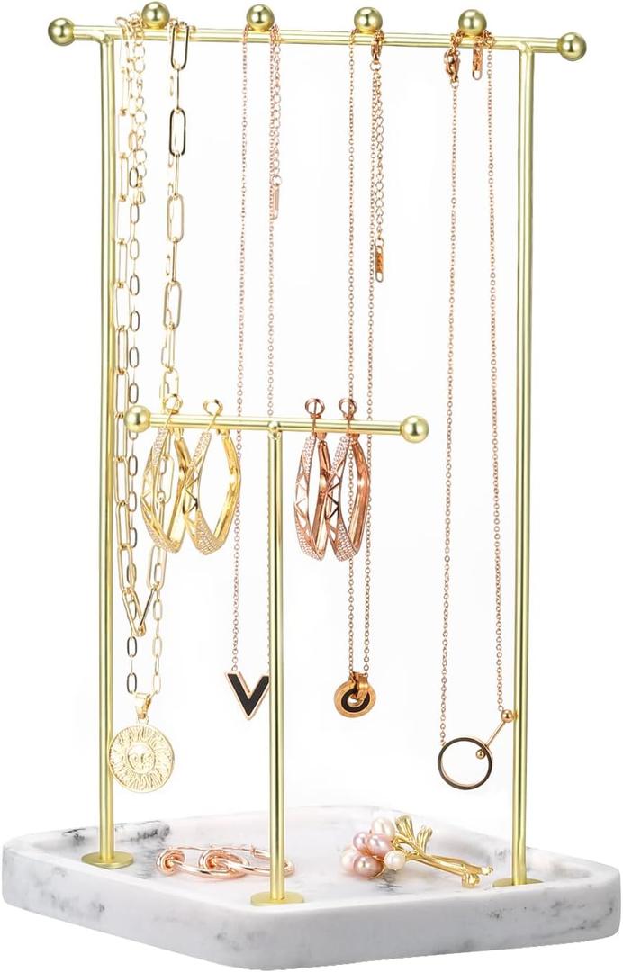 Emibele Jewelry Stand Organizer, 2 Tier Jewelry Holder for Necklace Bracelet Earrings, Jewelry Tree Stand with Gold Metal Rack and White Marble Tray