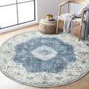 MUJOO Blue Round Rug 4ft, Circle Washable Area Rugs for Bedroom Living Room Bathroom, Boho Small Non Slip Circular Carpet, Floral