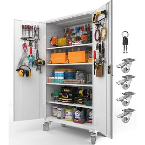 Upgraded Tall & Wide Metal Storage Cabinet with Doors & 4 Adjustable Shelves | Heavy-Duty Black Lockable Garage Cabinet with Wheels & Pegboard for Office, Gym, Basement, Warehouse (White)