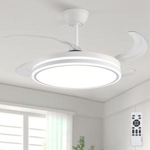 Retractable Ceiling Fans with Lights and Remote, 42 Inch White Chandelier LED Fan, 20W Energy Saving,Memory Function,Timer Setting,Ultra Quiet Invisible Blades Fan for Kitchen, Bedroom, Large