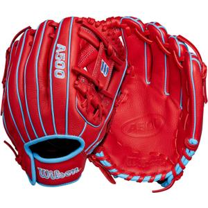 Wilson | A500 | Adult + Youth Baseball Glove + Mitt | Red/Blue/White, 11.5" | Infield, Right Hand Throw 