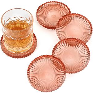 Modern Clear Coaster Set of 5- Glass Coasters for Drinks Crystal Coaster Round Cup Coasters Coffee Table Decor for Office, Kitchen, Bar, Dining Room, Living Room, Patio(Clear Red)