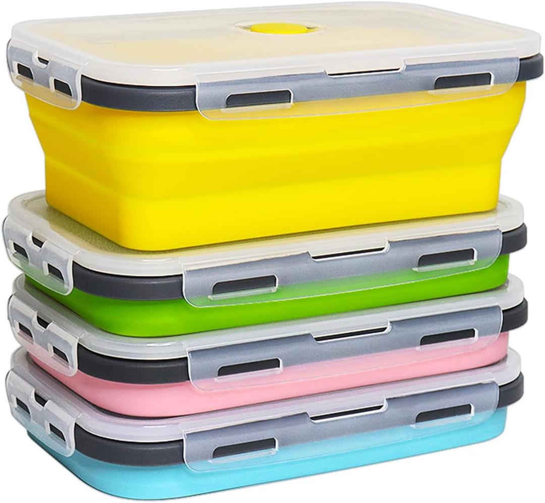 Collapsible Silicone Food Storage Container Set of 4, Collapsible Meal Prep Lunch Containers(40.5 Oz), Stackable, Space Saving (Blue, Green, Pink, Yellow)