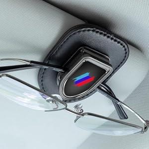 QOMAGO Car Sunglass Holder Compatible with BMW 1 2 3 4 5 Series X1 X3 X5 X6 X7 Series M2 M3 M4 M5 M6 Series E90 E91 Alloy Leather Sun Glasses Eyeglass Hanger with Car Logo Car Accessories Interior