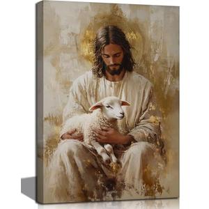 Jesus and Lamb Canvas Wall Art Abstract Christian Poster Prints Bible Stories Picture Artwork Wall Decor for Bedroom Living Room Prayer Room Church 24x16in Framed