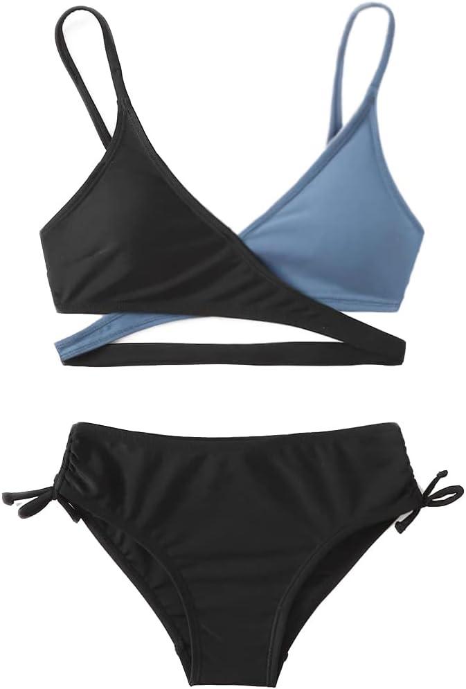 MIENOE Teen Girls' Swimsuits Two-Piece V-Neck Bikini Adjustable Shoulder Straps Swimsuit Kids Bikini with Chest Pad, Black/Grey Blue -️︎ Cross Style,  XXL