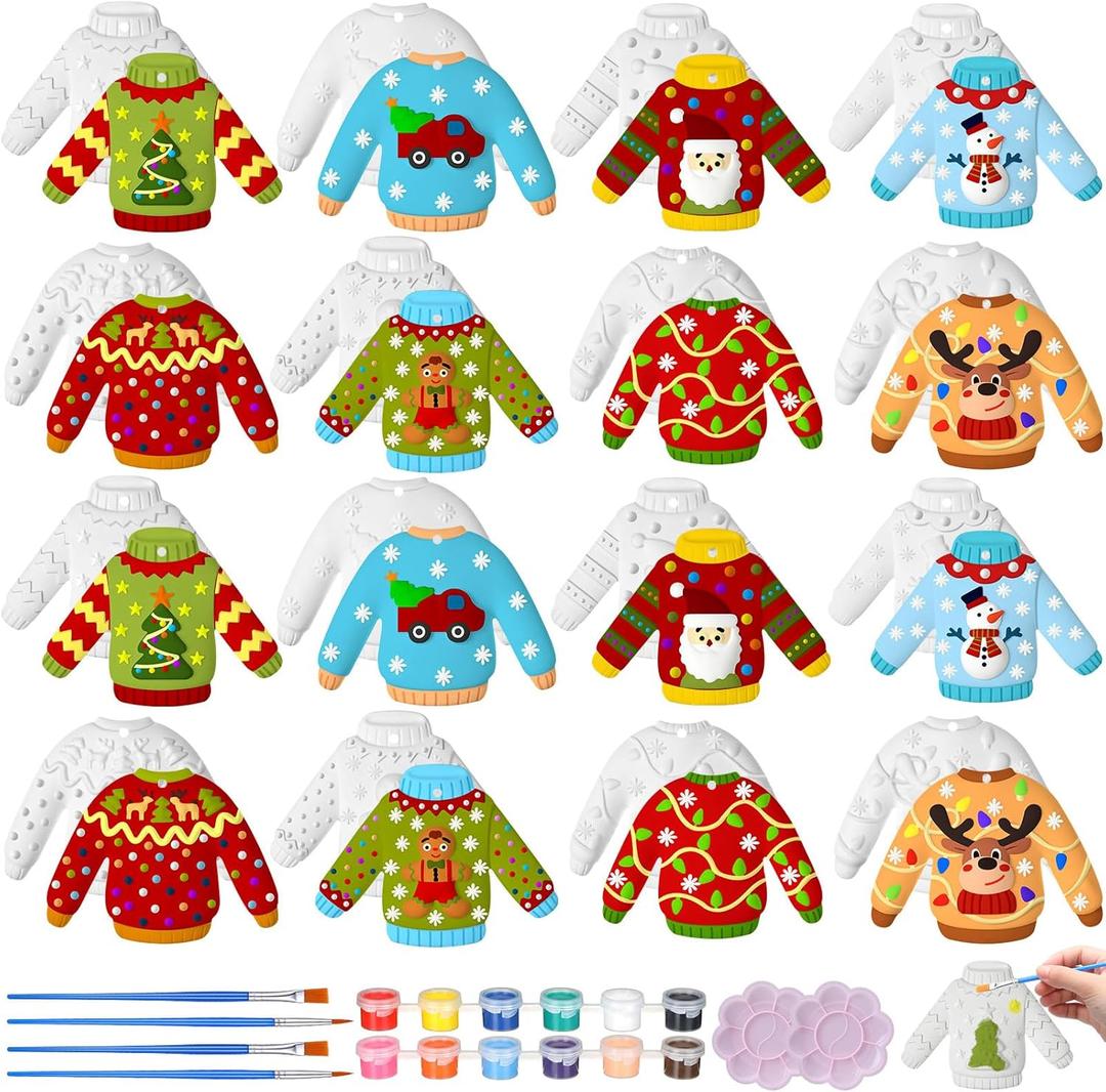 Syhood 24 Pcs Christmas Ugly Sweater Ceramics to Paint Ornaments Crafts Paint Your Own Kit DIY Xmas Ready to Ceramics DIY Figurines Unpainted Arts for Adult Party Gifts