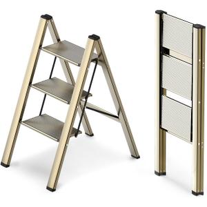 WOA WOA 3 Step Ladder, Foldable Step Stool, Aluminum Lightweight Ladder for Home Kitchen Closet, Anti-Slip Pedals, Ease of Folding, Portable, 300lbs Capacity - Gold