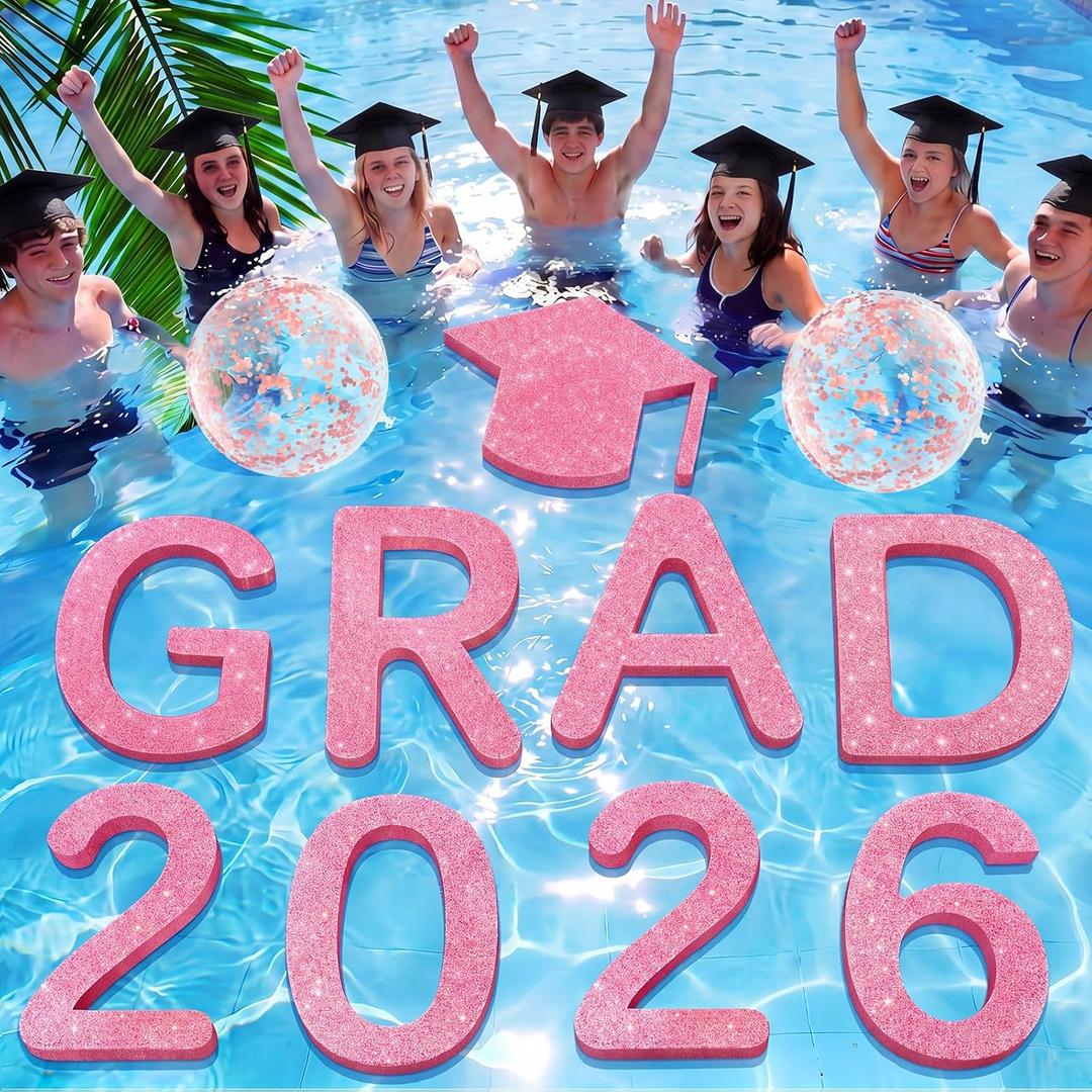 Sumind 11 Pcs Grad 2026 Pool Floating Letters, Pink Glitter EVA Foam Graduation Pool Party Decorations with Grad Cap and Beach Ball, Congrats Graduation Prom Photo Props, 12 x 16 Inches, 12.99 x 19.29"