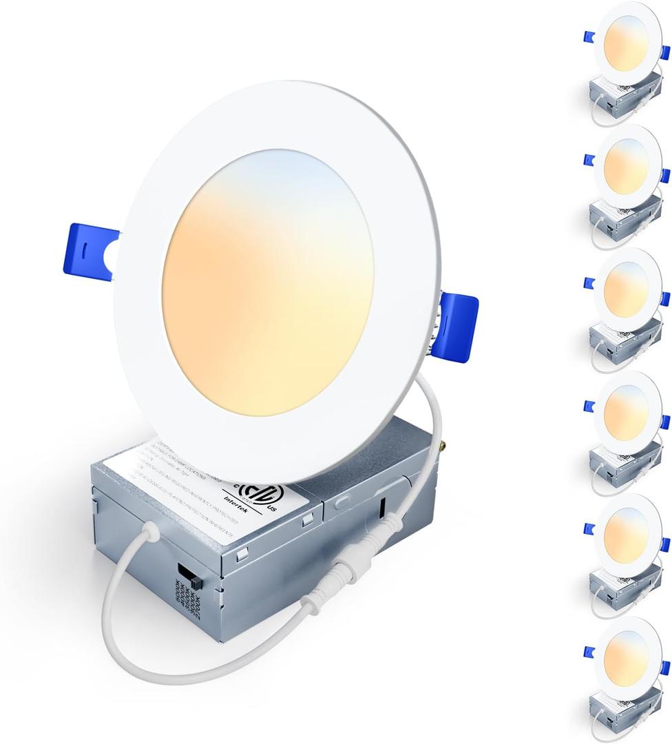 6 Pack 4 Inch 5CCT LED Recessed Light, Silm Canless Recessed Lighting, Dimmable, Damp Rated, 2700K-5000K Selectable, Wafer Ceiling Downlight with Junction Box, 750LM, 9W 120V, ETL&FCC