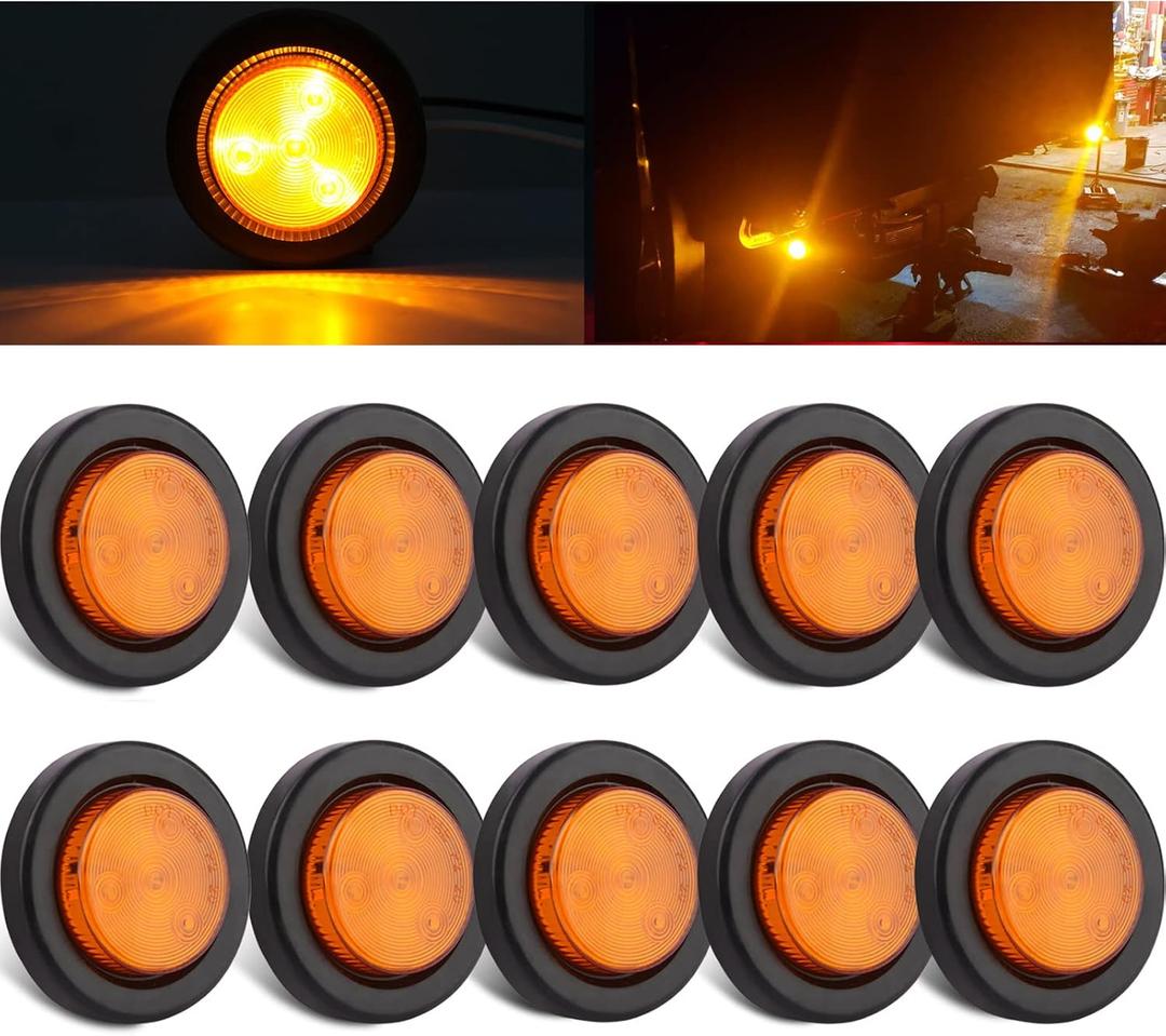 10Pcs 2 Inch Round LED Trailer Side Marker Clearance Lights Amber, Sealed 2" Round LED Trailer Marker Lights 4 LEDs w/Rubber Grommet Flush Mount 2 Prong Wire Pigtails Truck RV Markers Waterproof