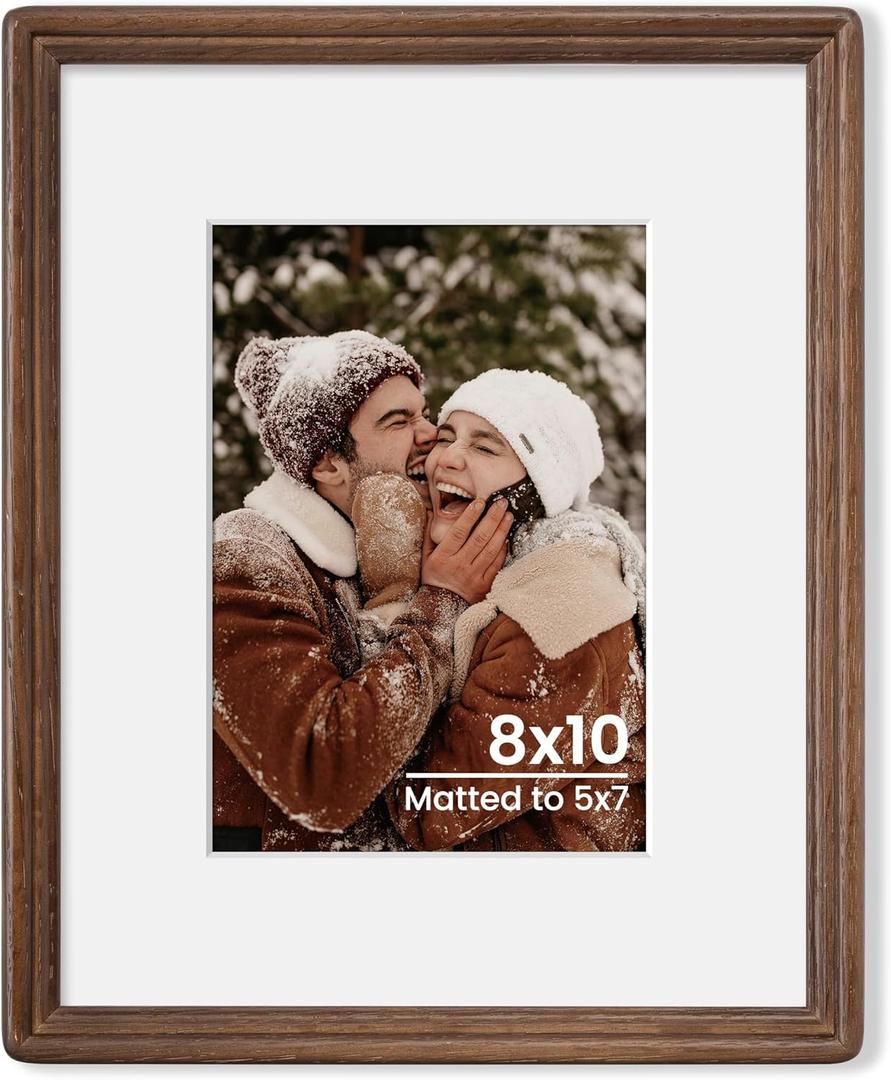 Axeman 8x10 Natural Solid Oak Wood Picture Frame with 5x7 Mat, Premium Rustic Wooden Photo Frames with Plexiglass, Poster Photo Frame Suitable for Gallery Wall Mount or Tabletop Display, Walnut