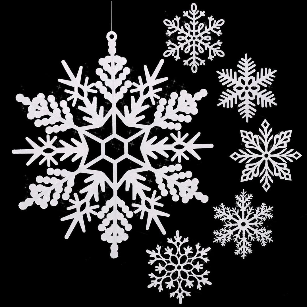 Sratte 12 Pcs Large Glitter Snowflakes Ornaments 12" Plastic Giant Winter Christmas Hanging Decor Oversized Snowflakes Ornaments for Indoor Outdoor (White)