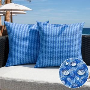 Kevin Textile Outdoor Waterproof Throw Pillow Covers Pack of 2 Weaving Texture Water Resistant Outside Decorative Cushion Covers for Garden Patio Tent Balcony Bench Couch Sofa 18x18 Inch, Blue