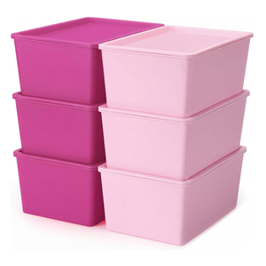 Menkxi 6 Pcs Storage Bins with Lids Small Plastic Storage Containers Stackable Storing Baskets Box Cute Organizer Bins for Organizing Shelves (Pink Series)