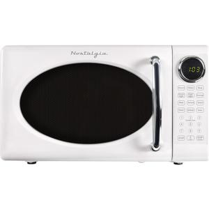 Nostalgia Retro Microwave Oven 0.7 Cu Ft, 700-Watt Countertop Size with Glass Turntable, Child Safety Lock, 8 Auto-Cook Programs, Digital Clock, White