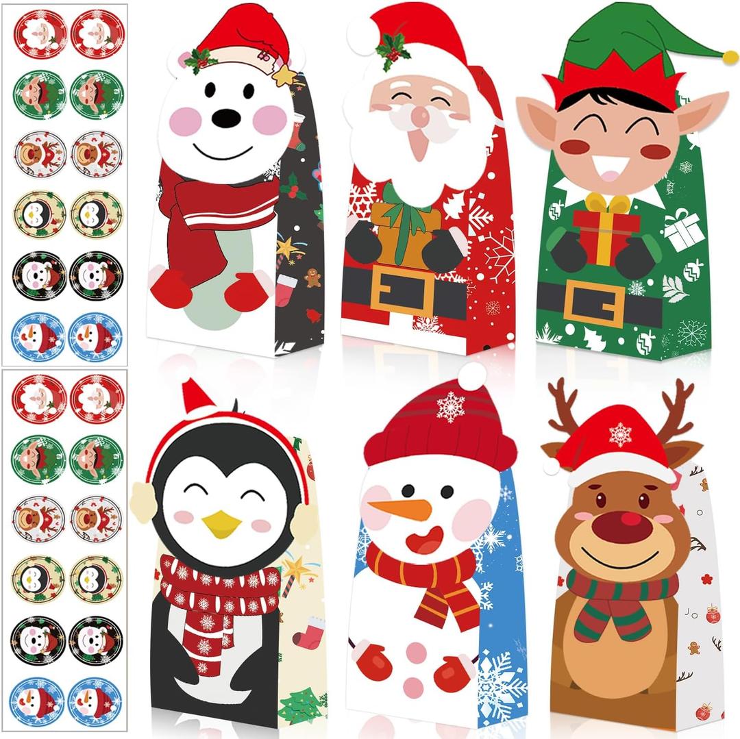 ZQDQIUQIU Christmas Treat Bags,Christmas Gift Bags with 24PCS Stickers,Xmas Candy Treat Bag Paper Goody Bags for Cookies Holiday Gift Goodie Bags for Xmas Party Favors