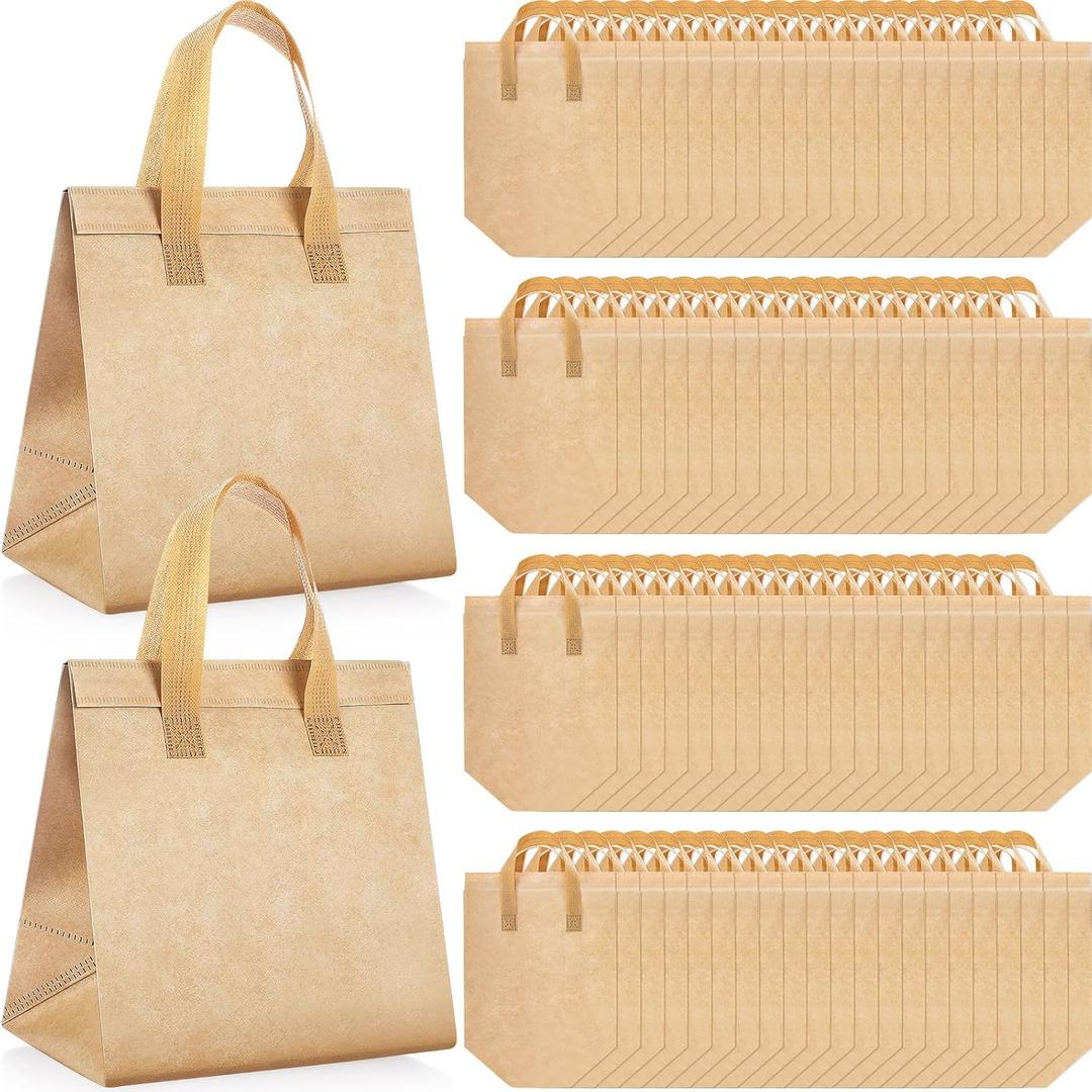 Kacctyen 100 Pcs Insulated Take Out Bags Bulk 9.5 x 6 x 9.5 in Thermal Insulation Food Bag for Coffee, Milk Tea, Hot Cold Food, Delivery Cooler Bag for Catering Restaurant Grocery Picnic (Kraft Color)