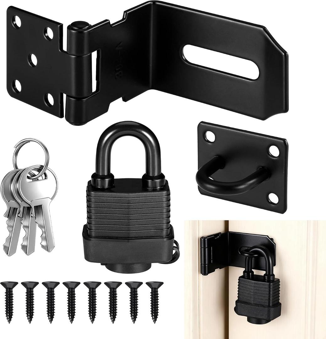 90 Degree Door Lock Latch, 4 Inch Stainless Steel Hasp Latch with Padlock Keys Screws, Heavy Duty Hasp Lock, Waterproof Pad Lock Latches for Mailbox, Wooden Gate Shed, Cabinet