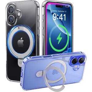 CASEKOO for iPhone 16 Case Clear with Ultra Magnetic Invisible Stand [Compatible with MagSafe] [16FT Military-Grade Protection] Transparent Slim Phone Grip Ring Cover 6.1 inch, Clear