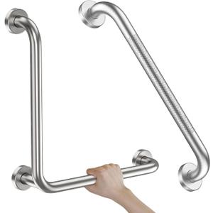 Brushed Nickel Angled Grab Bar 16 Inch, Zepolu Stainless Steel L-Shaped Safety Grab Rail, Bathroom Mobility Aid Handrail, Wall Mounted Balance Support Assist Shower Handle for Senior Elderly Handicap