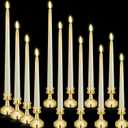 12 Pcs Flameless LED Taper Candles with Candlestick Battery Operated 8.5 9.6 10.8 12.8 Flameless Flickering Candlesticks for Christmas Wedding(Gold Holder & Ivory Candles)