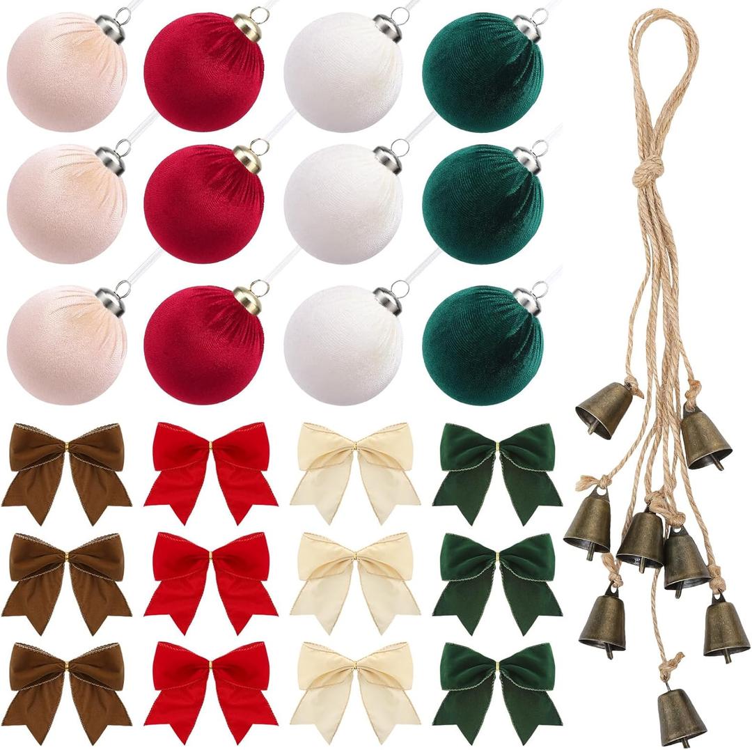 25pcs Velvet Christmas Ornaments Set, 3.15 Inch 12 Christmas Tree Balls, 12 Velvet Bows, 1 Eight Bell Jute Garland for Family Holiday Wreaths Gift Wrapping Hanging Decoration