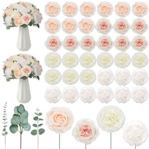 98 Pcs Artificial Flowers Bouquet Assorted Faux Flowers Heads with Stem Eucalyptus Leaves Silk Floral Table Centerpiece for DIY Wedding Party Wreath Home Decor(Champagne Color)