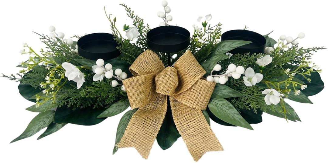 Candle Holders Centerpiece for Table,3 Wick Candle Holder with Gypsophila Artificial Flower,Artificial Magnolia,Freesia and Holly Berries for Table Centerpiece Decor,Dining Room Decor,Desktop Decor