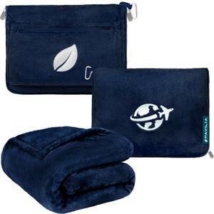 PAVILIA Travel Blanket and Pillow, Arms Opening Airplane Blankets for Adults, Compact Plane Blanket with Arm Hole 2-in-1 Bag for Flight Car Camping Fit in Luggage Backpack Traveler Gift, Navy Blue (65 x 40 inches)