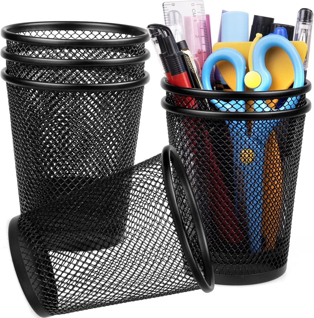 QYH Mesh Pencil Holder Metal Pen Cup Black for Desk 6 Packs, Office Caddy Storage