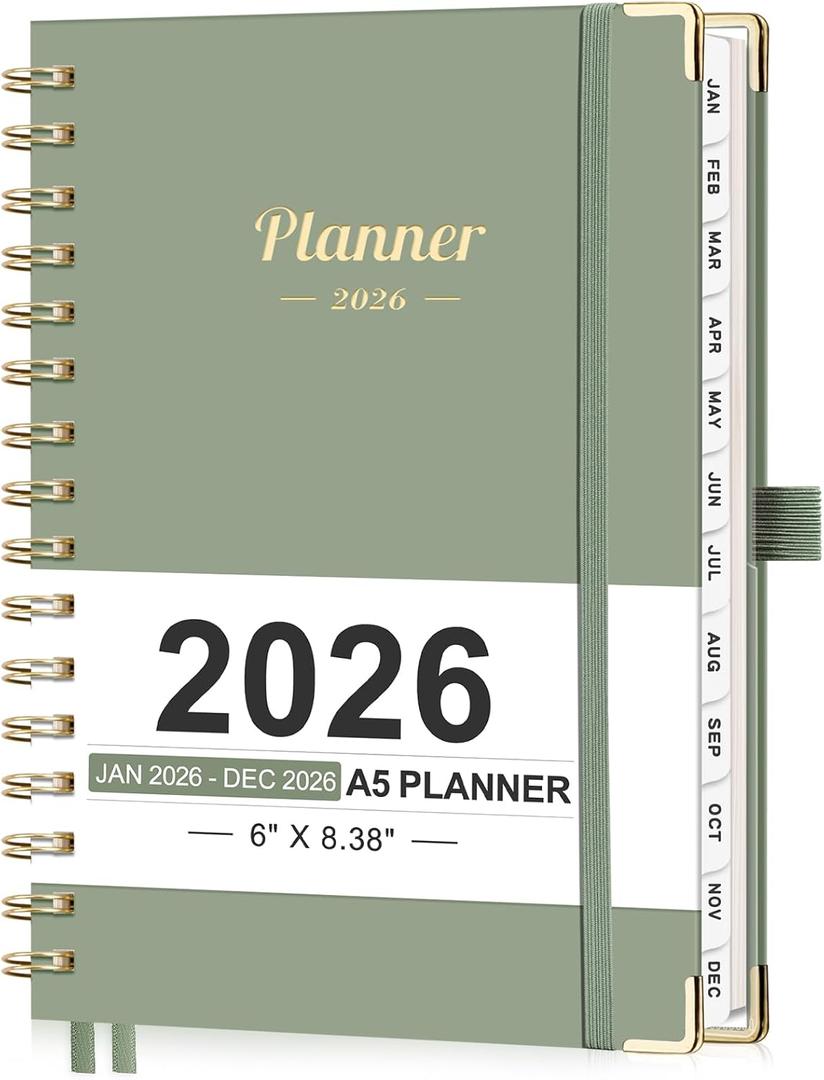 AHGXG 2026 Planner, Weekly and Monthly, 2026 Calendar, Jan 2026 - Dec 2026, Hardcover with Monthly Tabs, 100 GSM Thick Paper, for Women School Home Office Supplies, 6" X 8.38", Sage Green