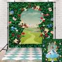 Wonderland Backdrop Green Leaves Rose Tea Party Photography Background Magic Hat Checkerboard Decorations Little Princess Girls Kid Birthday Photo Booth Prop (6X8FT(70x94inch))