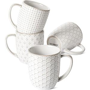 LE TAUCI Coffee Mugs 12 oz, Ceramic Mug Set Set of 4, Embossment Cups for Espresso, Latte, Tea, Cocoa, Cappuccino & Mocha, Dishwasher Oven Microwave Safe - 3.4 inch, Arctic White, Full:12 Oz