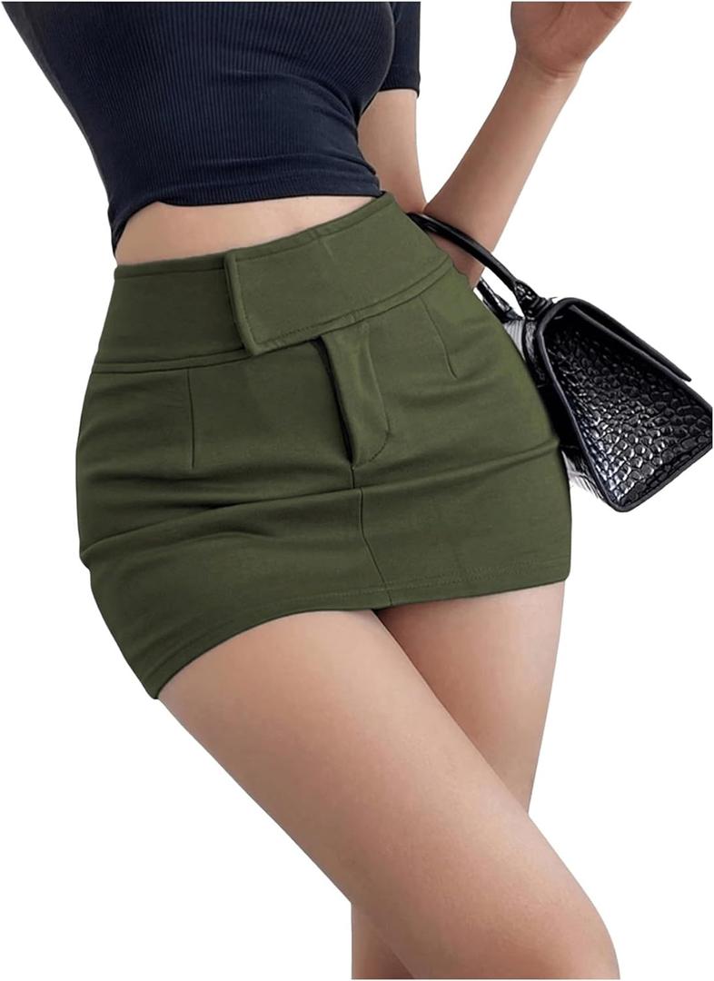WDIRARA Women's High Waisted Button Sexy Streetwear Club Bodycon Mini Skirt (Green, L)