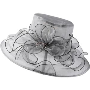 Wide Brim Organza Hat Dress Hat for Women Lady Tea Party Derby Noble Church Wedding Cap (One Size, Grey)