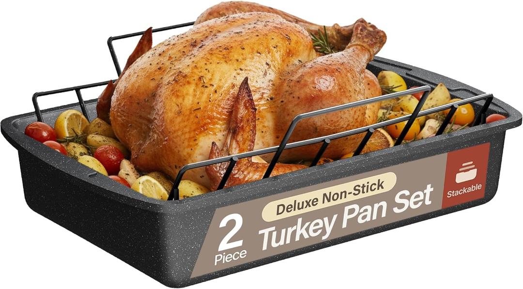 BAKKEN Nonstick Turkey Roasting Pan with Rack  Large Heavy-Duty Carbon Steel Roaster with Wide Handles, Ideal for Roasting, Baking & Grilling, Oven Safe up to 450F, Gray Marble Finish 17 x 13-Inch