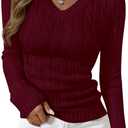 PRETTYGARDEN V Neck Cable Knit Sweaters for Women 2025 Long Sleeve Ribbed Fitted Pullover Tops Business Casual Fall Outfits (Medium, Burgundy)