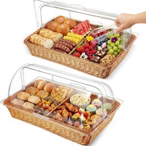 Ziliny 2 Set Wicker Bread Baskets for Serving with Clear Acrylic Roll Top Lid Woven Rattan Bread Basket Large for Fruit Food Picnic Summer Pool Party Outdoor BBQ(21.26 x 13 Inch,2 Compartment)