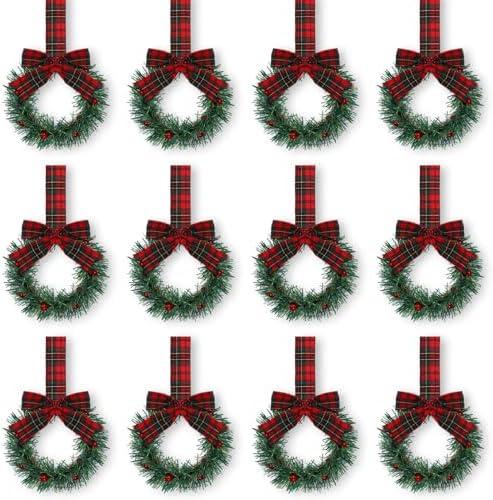 Retrowavy 12 Pcs Christmas Kitchen Cabinet Wreaths with Ribbon 3.94 Inch Mini Christmas Wreath Small Kitchen Xmas Decor for Window Door(Multicolor Plaid,Classic Style)