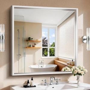 Brushed Silver Bathroom Mirror, Square Mirror for Vanity Chunky Box Metal Frame, Shatterproof, Tempered Glass, Bathroom Remodel&New Home,Wall Mirror for Over Sink,Living Room, Hallway 40x40